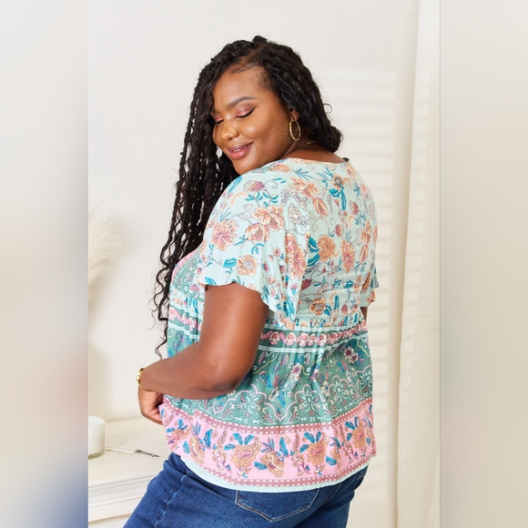 Double Take Floral Multi Color Tie Neck Short Sleeve Blouse 20%OFF - Picture 2 of 9